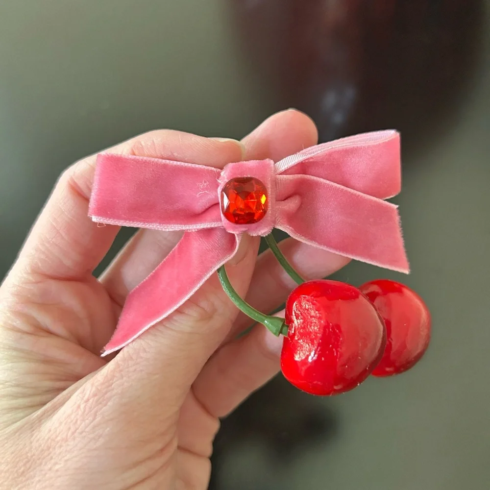 It Girl Pink Cherry Hair Clips with Velvet Ribbon Bow Set of 2 Barrettes New - Picture 4 of 11